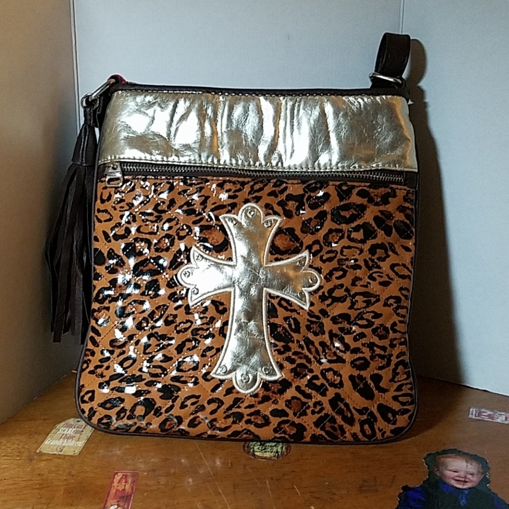 Crossbody Leopard Print Cross Metallic Purse - image 1